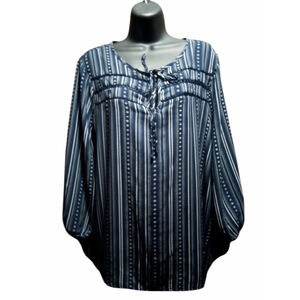 Como Vintage Blue Striped Boho Tie Neck Blouse XL JC373